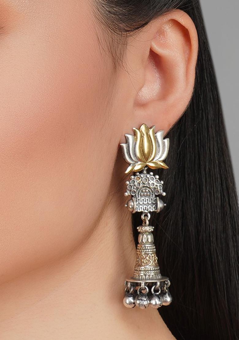 Dual Tone Lotus Motif Brass Earrings - Indya