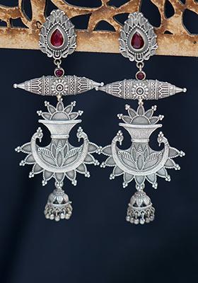 Silver Tone Red Stone Brass Earrings