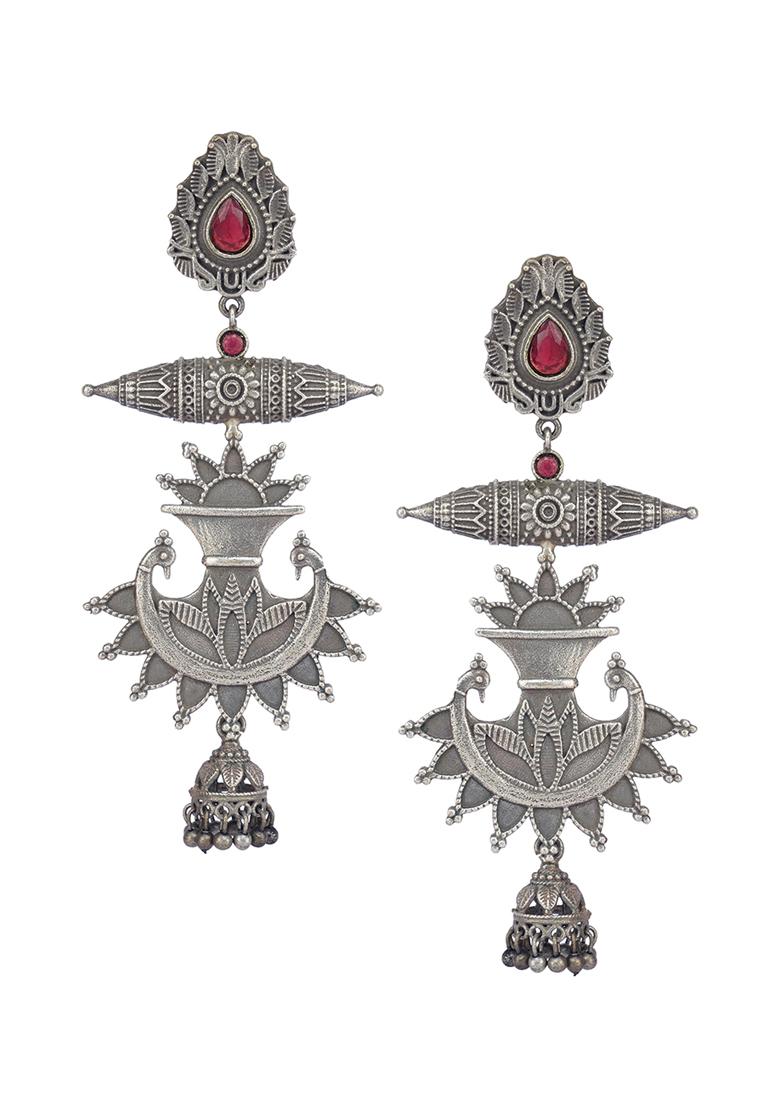 Silver Tone Red Stone Brass Earrings