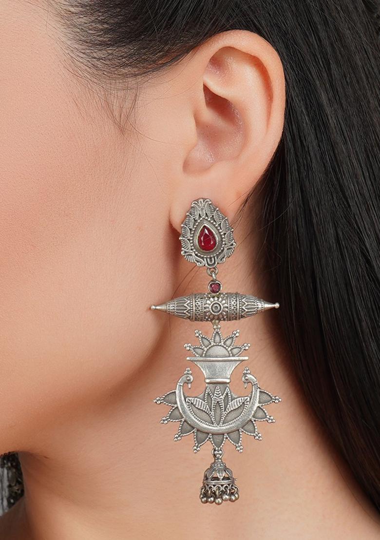 Silver Tone Red Stone Brass Earrings