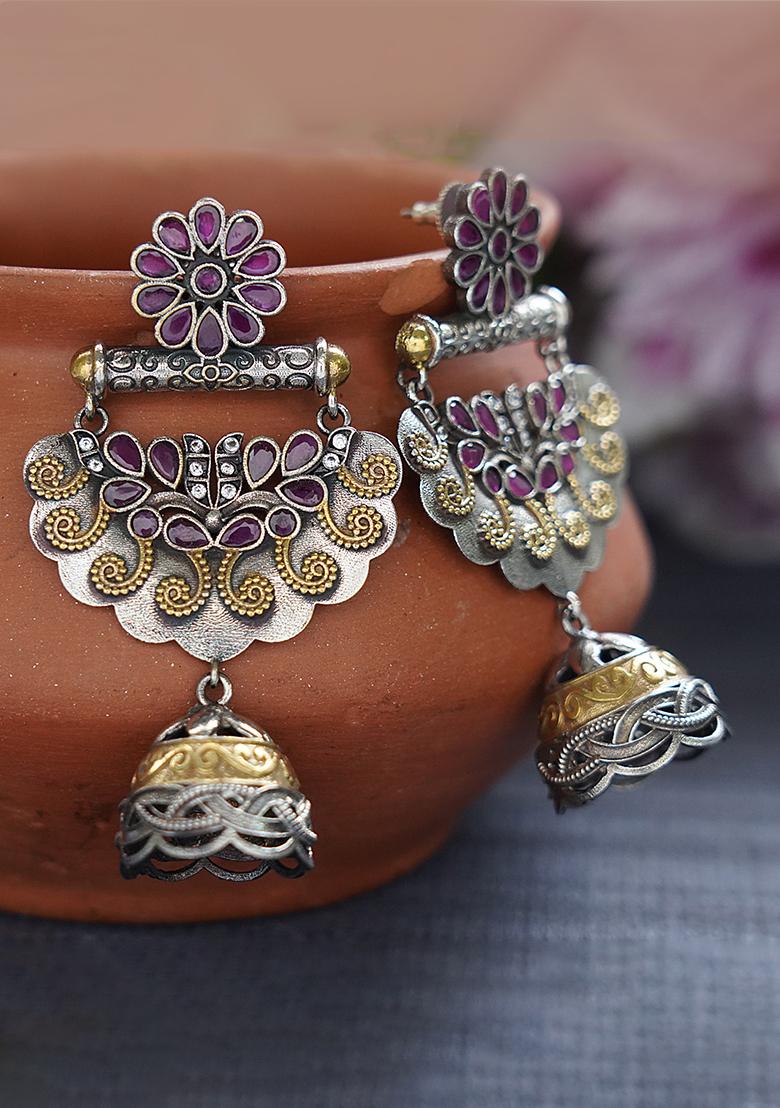Dual Tone Purple Brass Jhumka Earrings - Indya