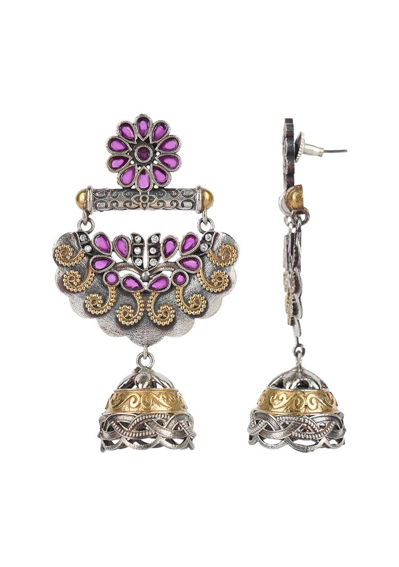 Dual Tone Purple Brass Jhumka Earrings - Indya