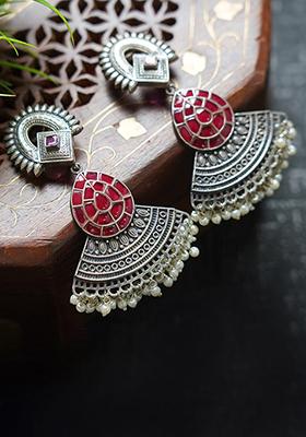 Silver Tone Red Bead Brass Earrings