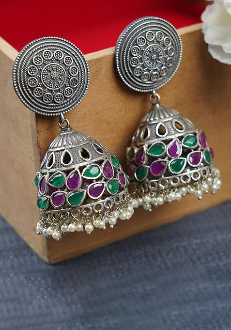 Silver Finish Green And Purple Brass Jhumka Earrings