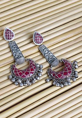 Silver Tone And Red Beaded Brass Earrings