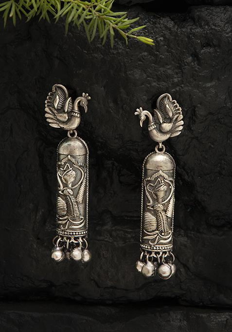 Silver Finish Peacock Motif Ghungroo Brass Earrings