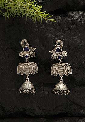 Silver Tone Peacock Motif Blue Stone Brass Earrings