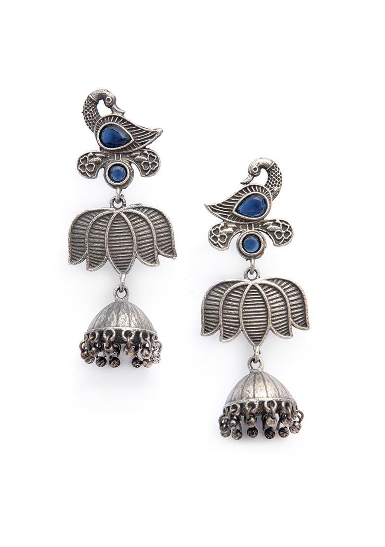 Silver Tone Peacock Motif Blue Stone Brass Earrings