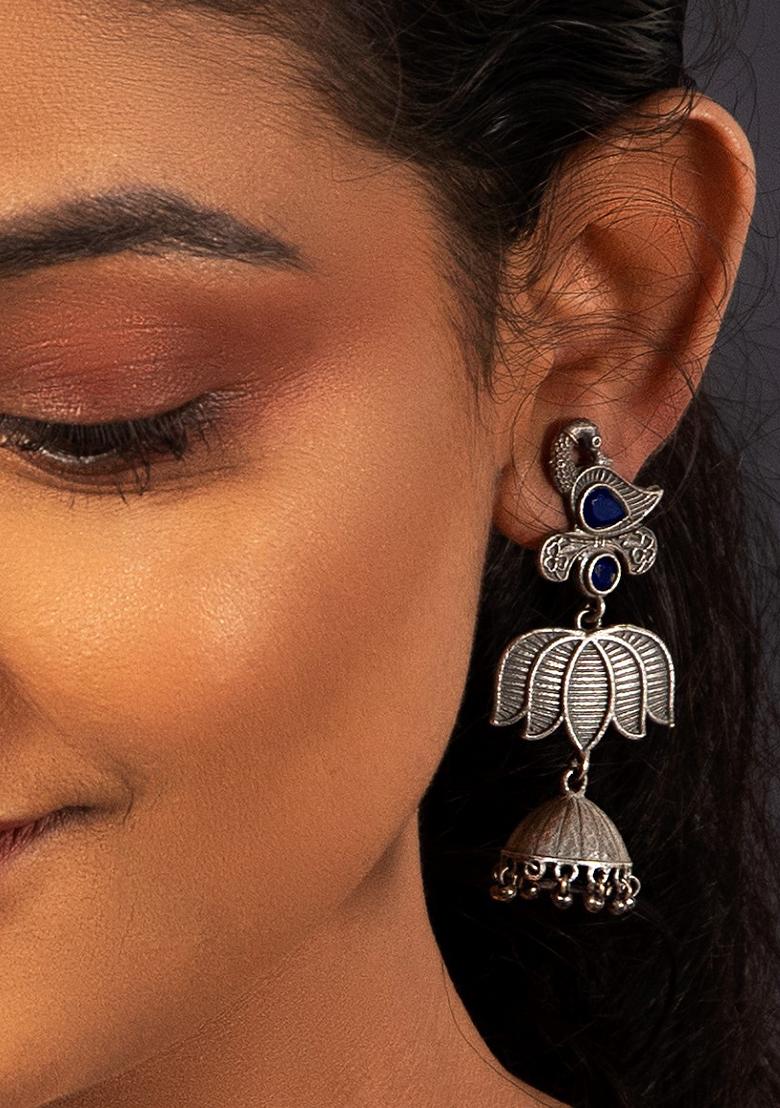 Silver Tone Peacock Motif Blue Stone Brass Earrings