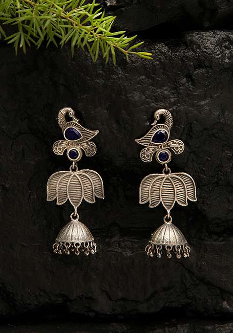 Silver Tone Peacock Motif Blue Stone Brass Earrings