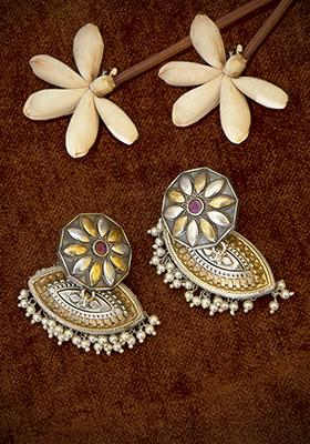 Oxidized Silver Dual Tone Brass Jhumka Earrings - Indya
