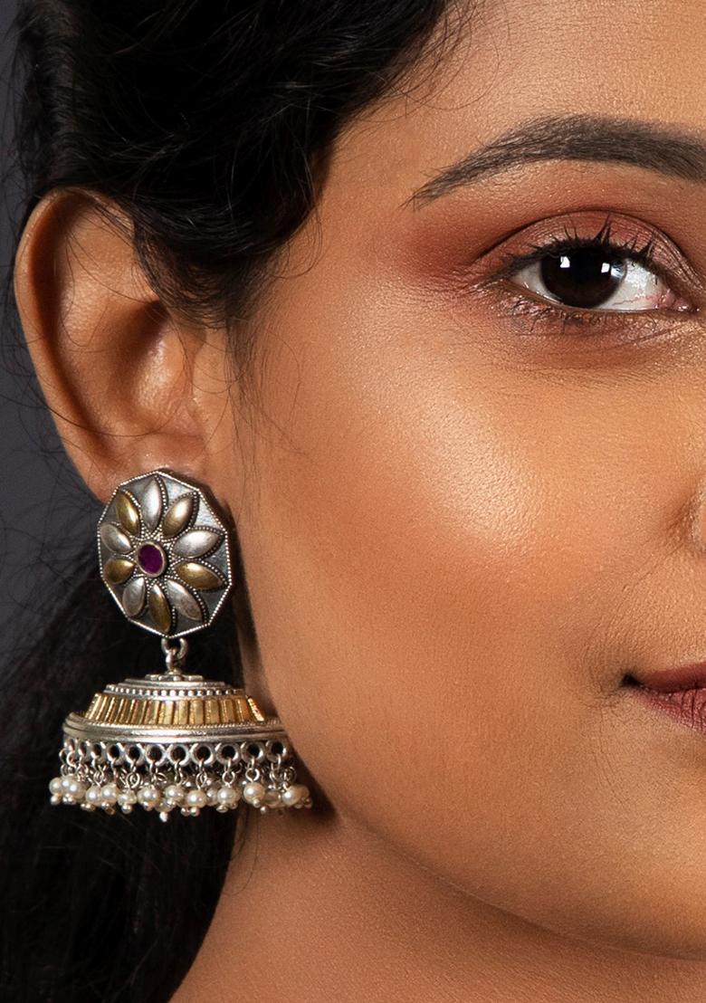 Oxidized Silver Dual Tone Brass Jhumka Earrings