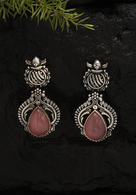 Silver Tone Pink Stone Handcrafted Brass Jhumka Earrings