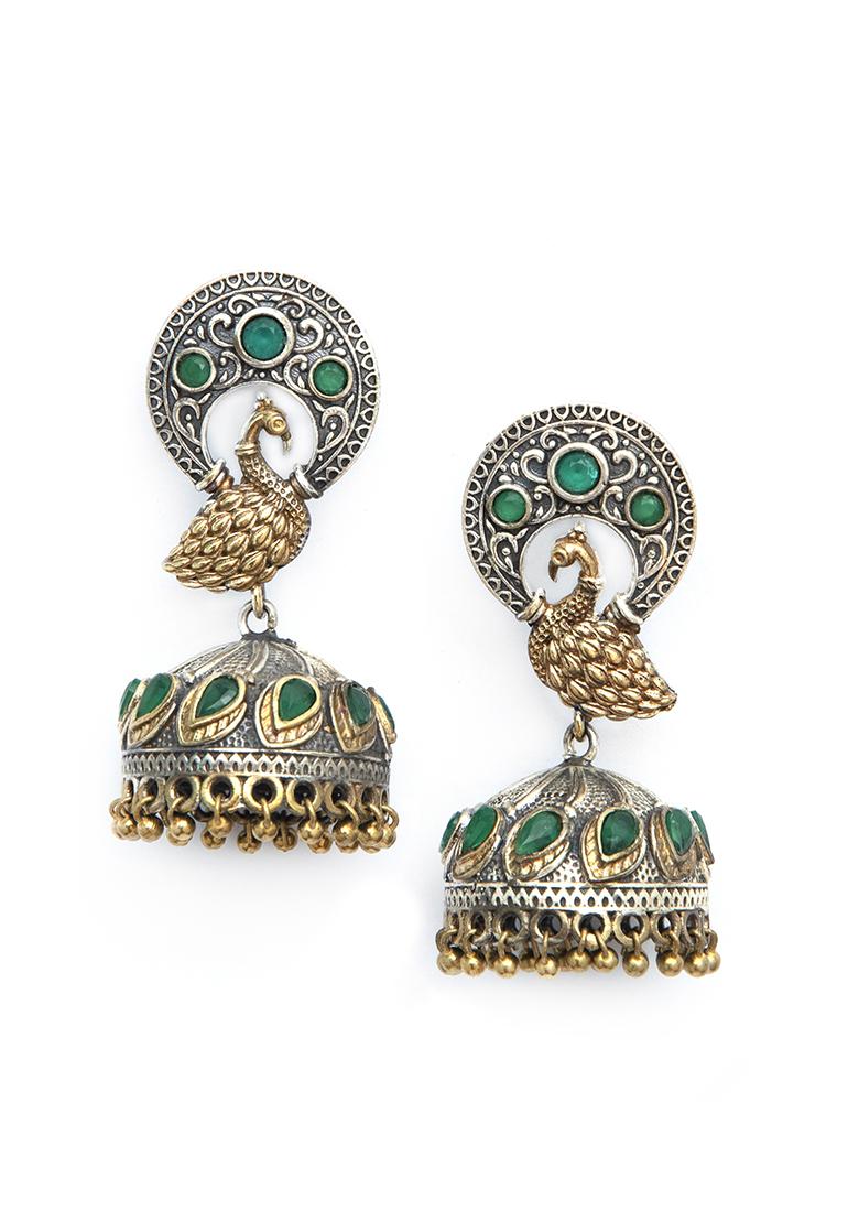 Dual Tone Peacock Motif Green Brass Earrings