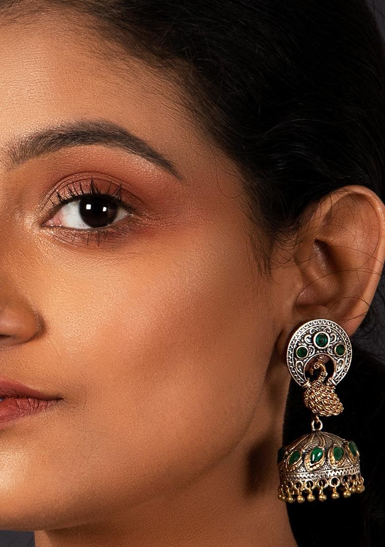 Dual Tone Peacock Motif Green Brass Earrings