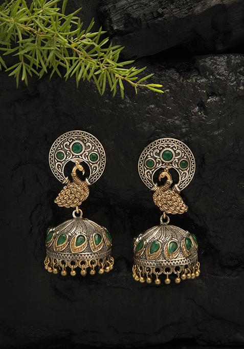Dual Tone Peacock Motif Green Brass Earrings