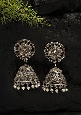 Silver Finish White Bead Brass Jhumka Earrings