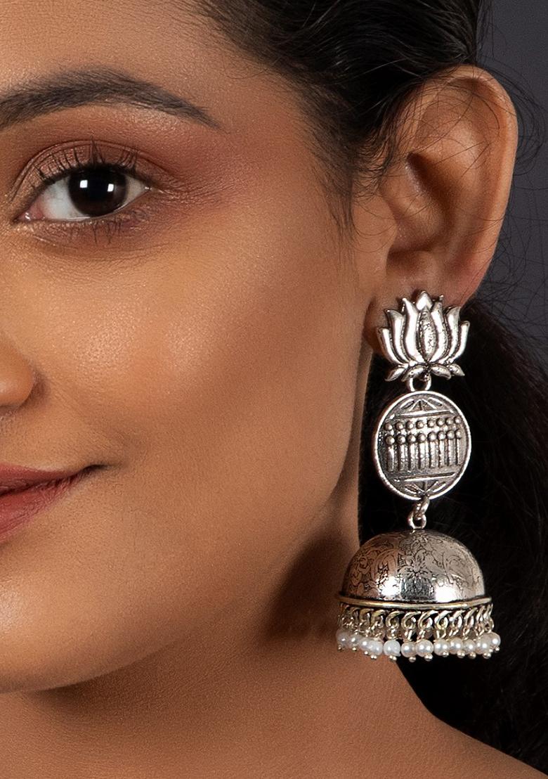 Lotus Motif Silver Tone Brass Jhumka Earrings
