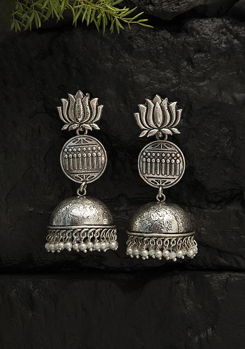 Lotus Motif Silver Tone Brass Jhumka Earrings