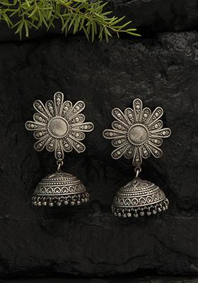 Silver Oxidized Floral Brass Jhumka Earrings - Indya