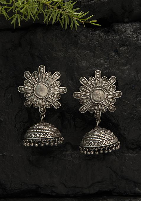 Silver Oxidized Floral Brass Jhumka Earrings