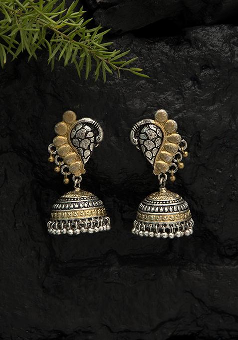 Dual Tone Peacock Motif Ghungroo Brass Jhumka Earrings