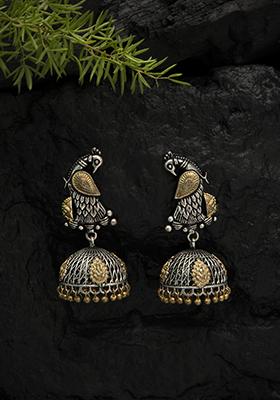Silver Finish Peacock Motif Dual Tone Brass Jhumka Earrings