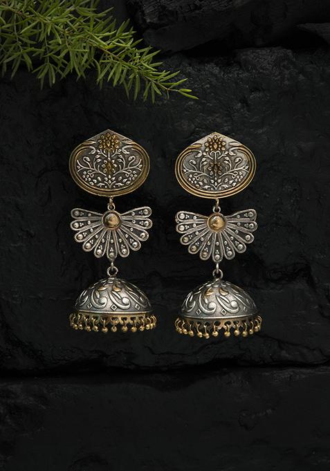 Dual Tone Textured Brass Long Jhumka Earrings