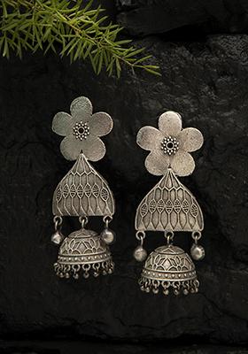 Flower Motif Silver Tone Brass Jhumka Earrings