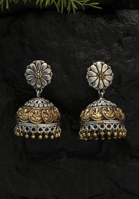 Floral Design Dual Tone Brass Jhumka Earrings