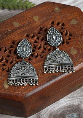 Silver Tone Leaf Motif Ghungroo Brass Earrings