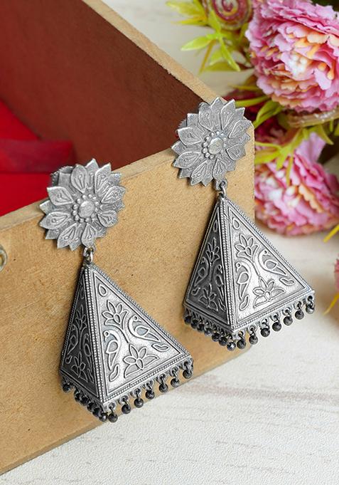 Flower Design Silver Finish Brass Earrings