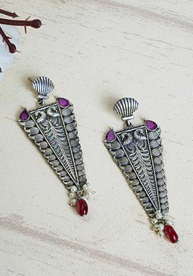 Silver Tone Red Drop Brass Earrings