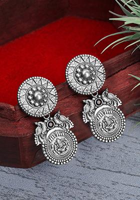 Round Shape Peacock Design Silver Tone Brass Earrings