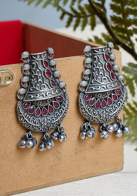 Silver Tone Pink Stone Ghungroo Brass Earrings