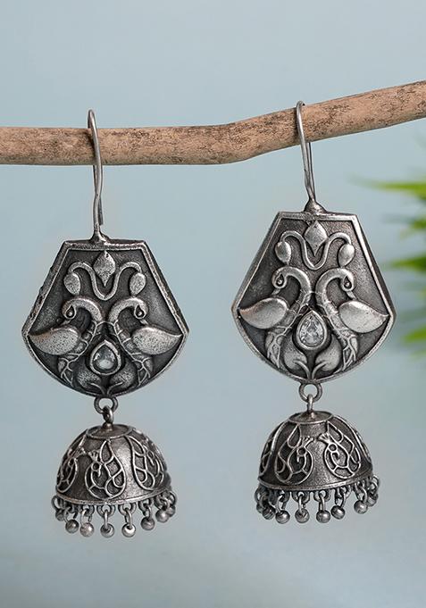 Silver Tone Floral Ghungroo Brass Jhumka Earrings