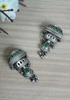 Silver Tone Dome Shape Green Stone Brass Earrings