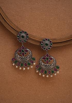 Silver Finish Purple And Green Stone Brass Earrings