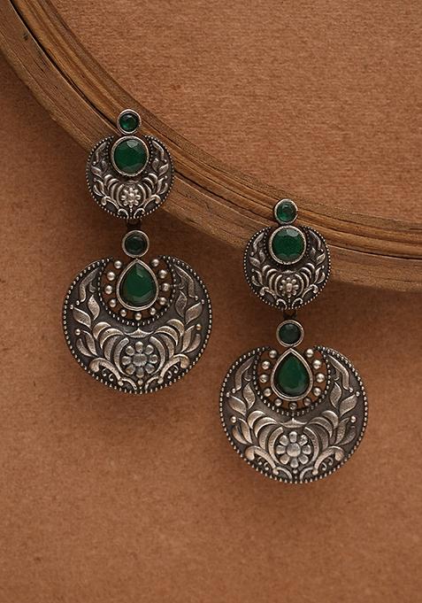 Silver Finish Green Stone Brass Earrings