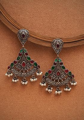 Silver Tone Green And Red Stone Brass Earrings
