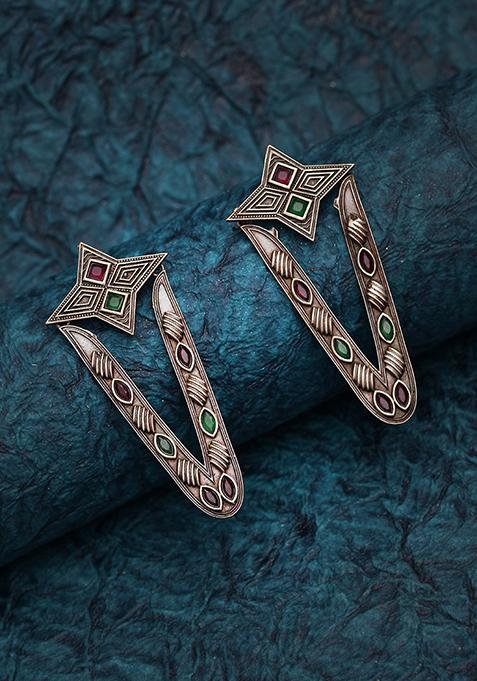 Silver Finish Red And Green Stone Brass Earrings