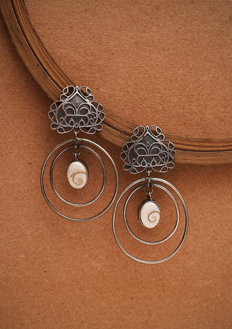 Silver Tone Floral Abstract Brass Dangler Earrings - Indya