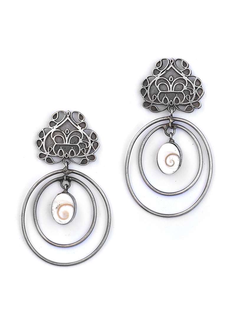 Silver Tone Floral Abstract Brass Dangler Earrings - Indya