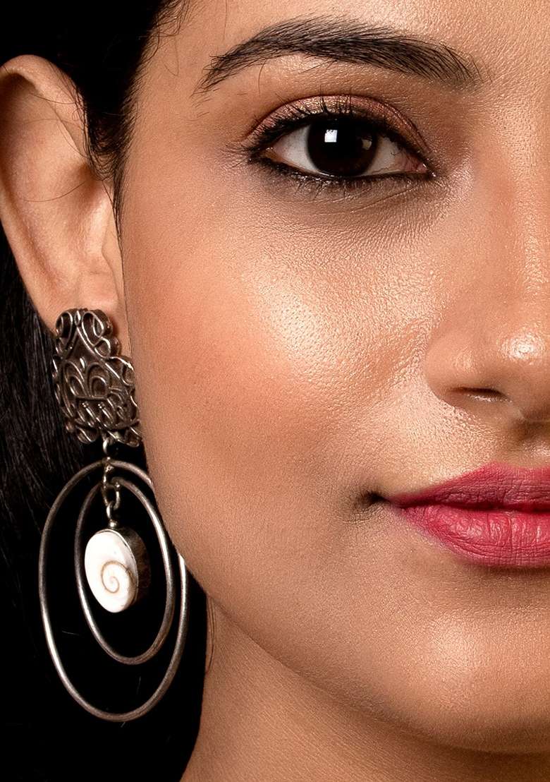 Silver Tone Floral Abstract Brass Dangler Earrings - Indya
