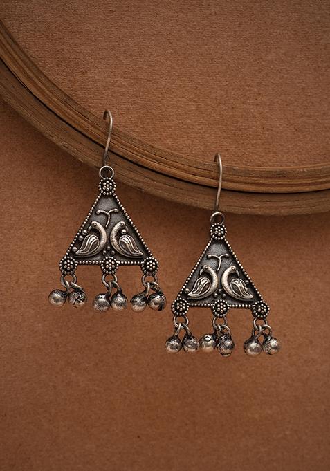Silver Finish Triangle Shape Ghungroo Brass Earrings