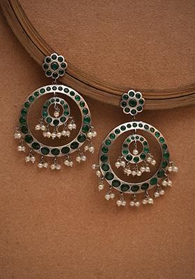 Silver Finish Green Stone Brass Chandbali Earrings