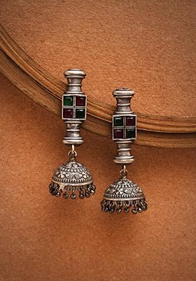 Silver Tone Green And Purple Stone Brass Earrings