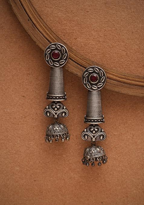 Silver Finish Red Stone Long Brass Earrings