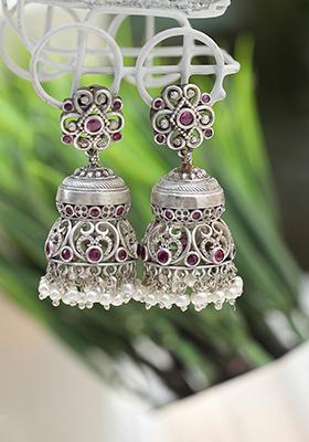 Red Silver Tone Brass Jhumka Earrings