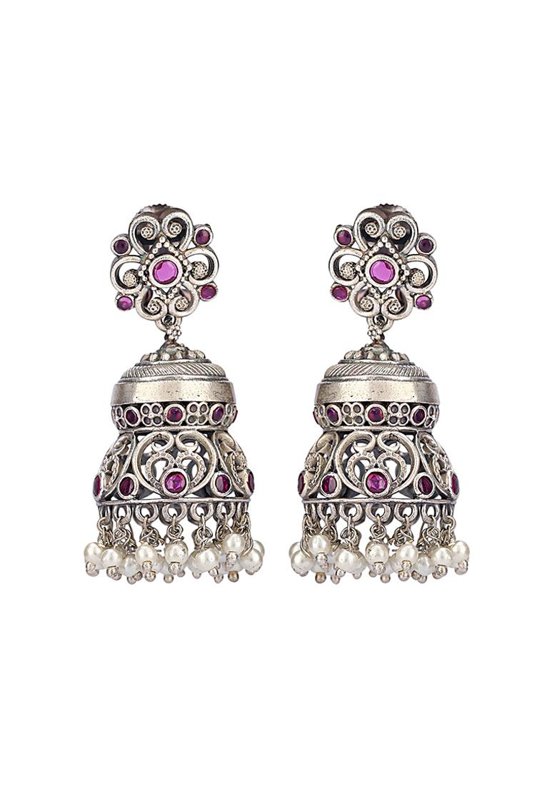 Red Silver Tone Brass Jhumka Earrings